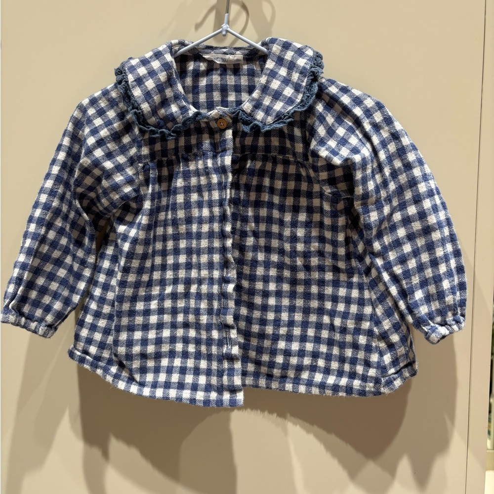 French brand bout’Chou flannel Blue Checkered baby blouse size 12 months